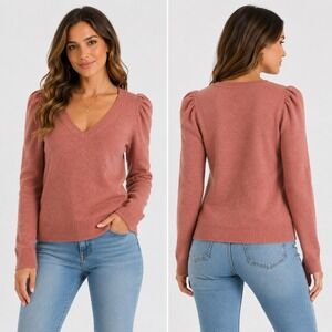 White House Black Market Sweater Medium Rose Pink Puff Shoulder Ruched V-Neck